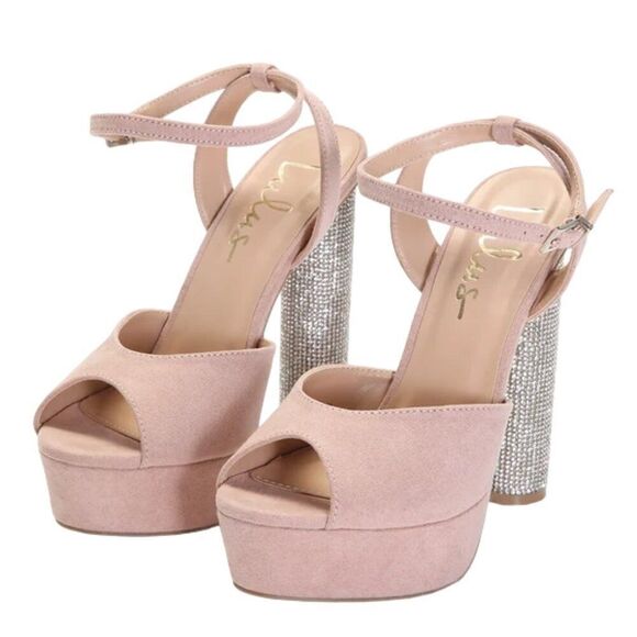 Lulus Kamila Light Nude Suede Platform Rhinestone Ankle Strap Heels Women's SZ 7 - Picture 3 of 6